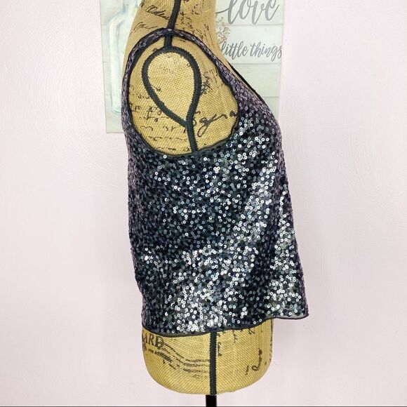 Express Sequin Scoop Neck Cropped Tank Top Black Silver Small - Picture 3 of 9